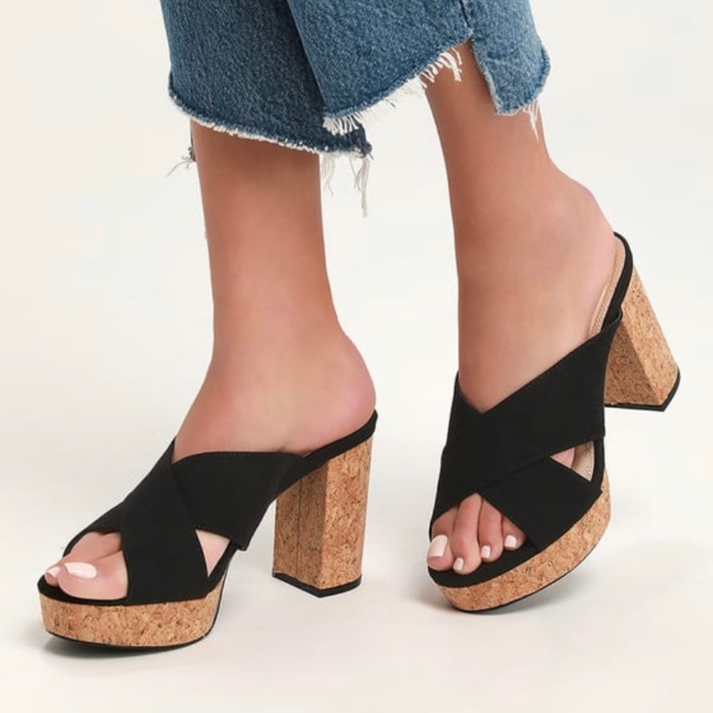 ‼️SOLD‼️Lulus Sicily Black Suede Cork Platform Heels